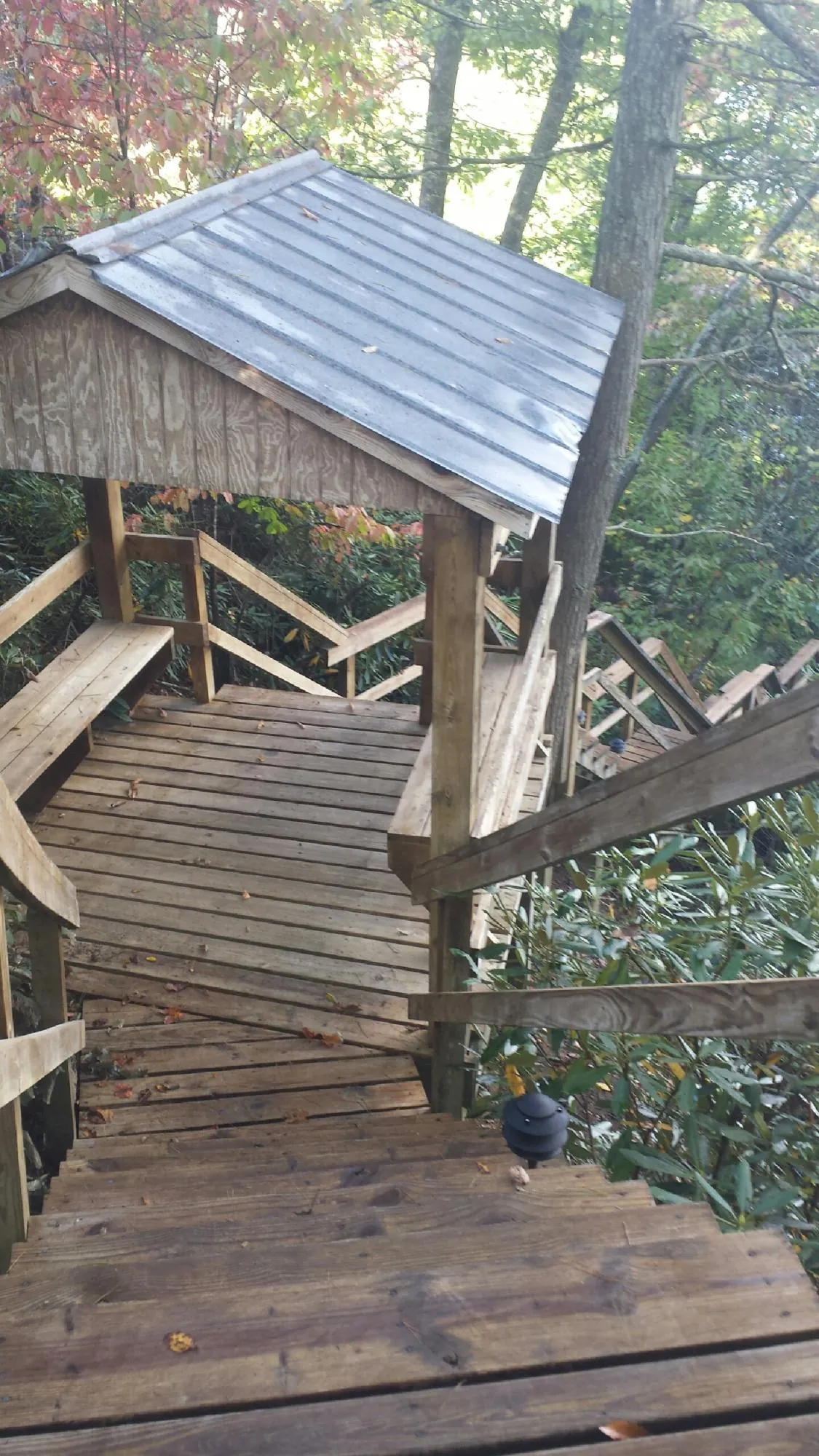 Metal roofed shelter over wooden steps on a wooded walkway — Skylight Repair & Installation work by our crew in Ellisburg
