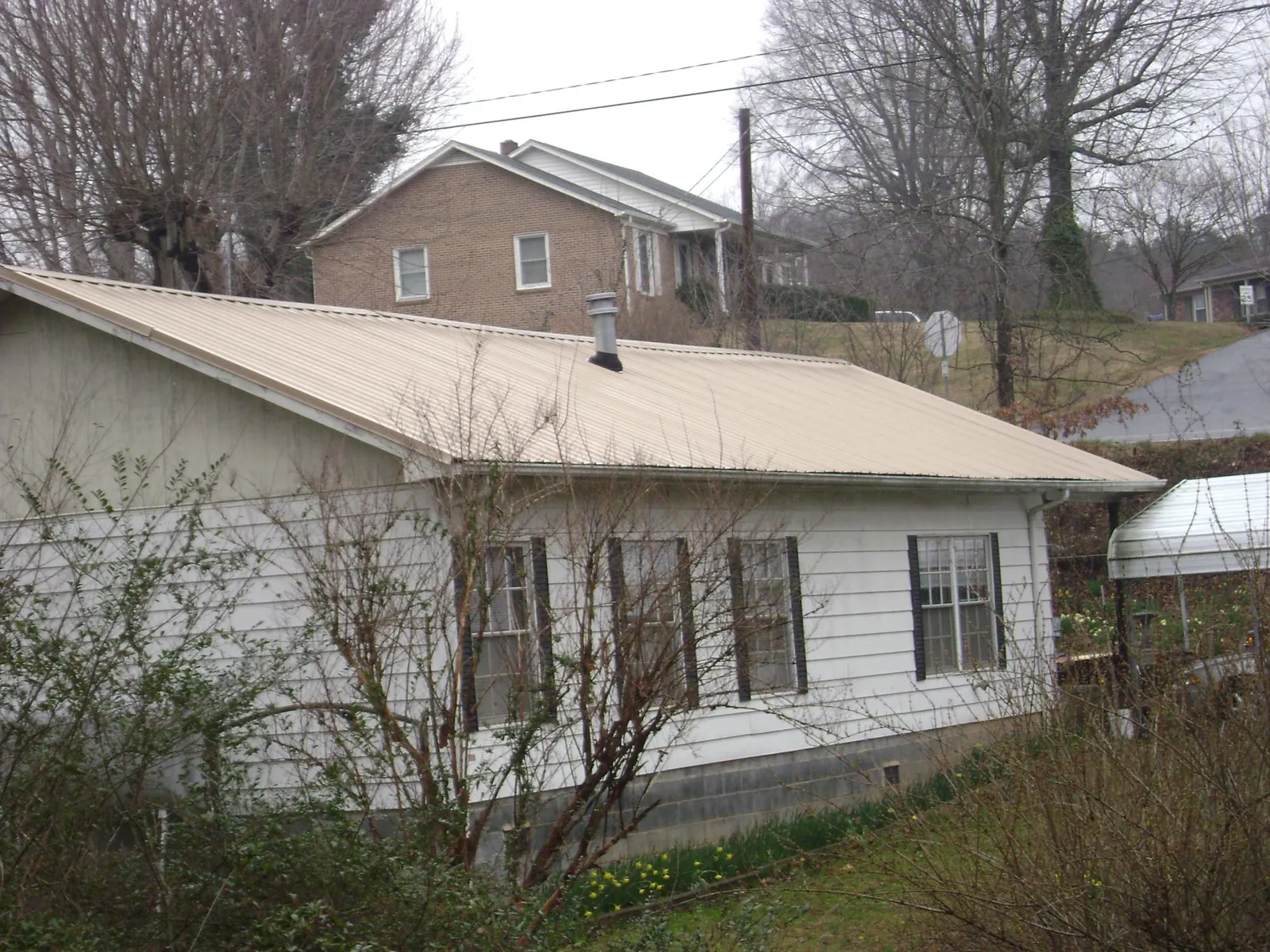 Tan metal roof on a white sided house set into a hillside — Commercial Roofing by Roofing Brothers in Ellisburg